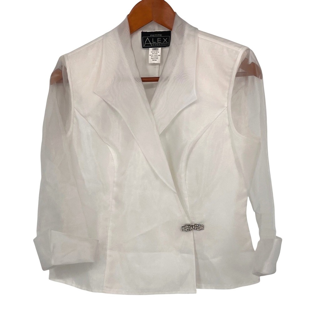 Alex Evenings Blazer Jacket Medium‎ Petite White Sheer Overlay Embellished